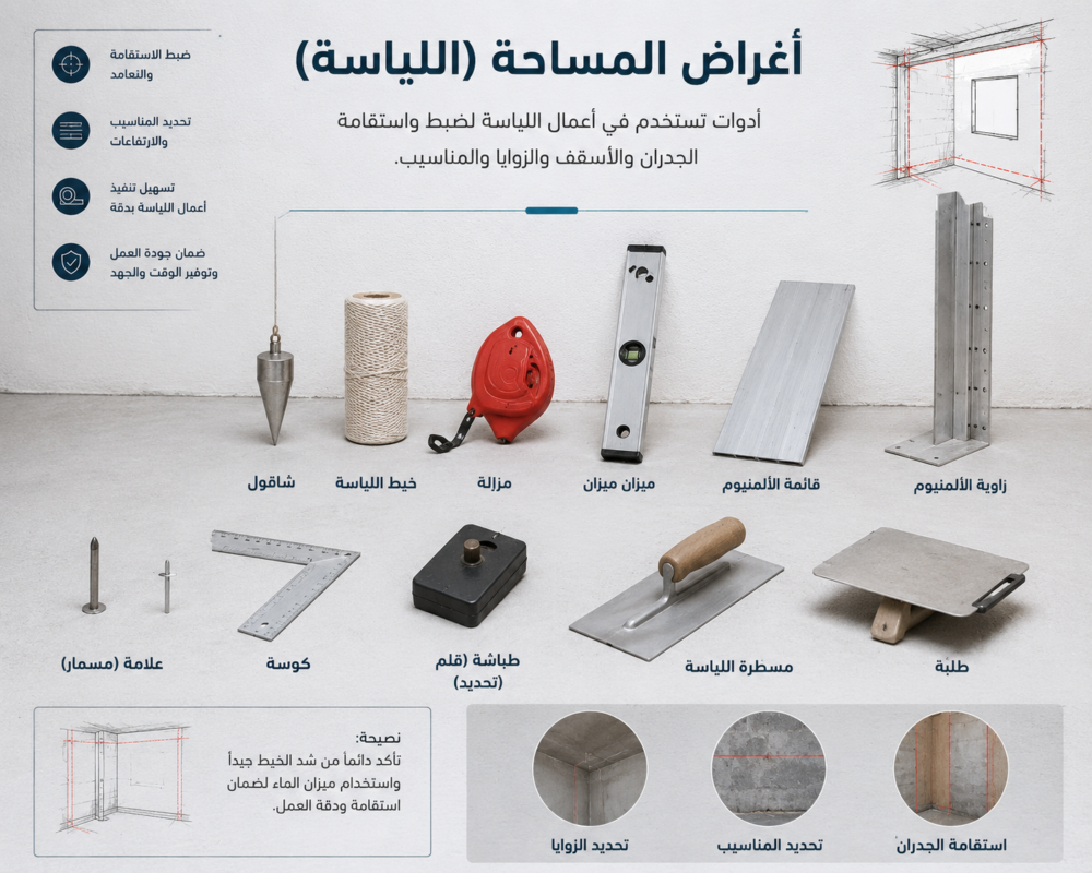 أغراض المساح واللياسة المستخدمة في أعمال البناء